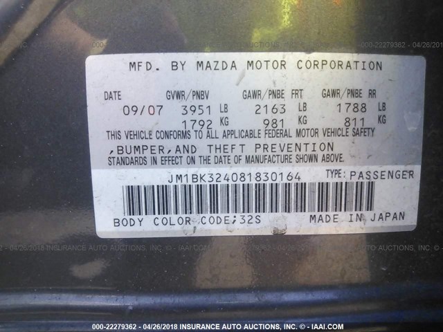 JM1BK324081830164 - 2008 MAZDA 3 S GRAY photo 9