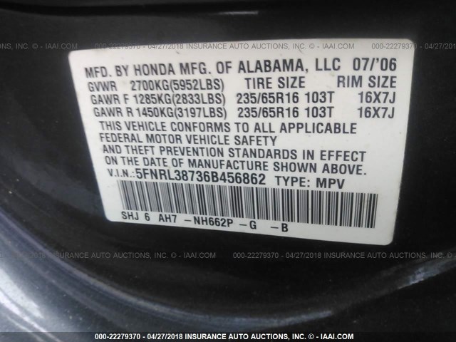 5FNRL38736B456862 - 2006 HONDA ODYSSEY EXL შავი ფოტო 9