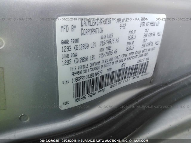 1D8GP24343B140377 - 2003 DODGE GRAND CARAVAN SE SILVER photo 9