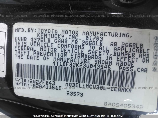 4T1BF32K23U043545 - 2003 TOYOTA CAMRY LE/XLE/SE BLACK photo 9