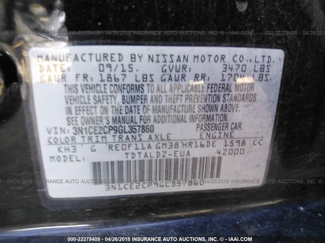 3N1CE2CP9GL357860 - 2016 NISSAN VERSA NOTE S/S PLUS/SV/SL/SR BLACK photo 9