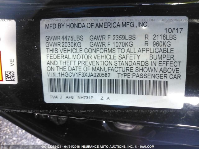 1HGCV1F3XJA020582 - 2018 HONDA ACCORD SPORT 黑色 照片 9