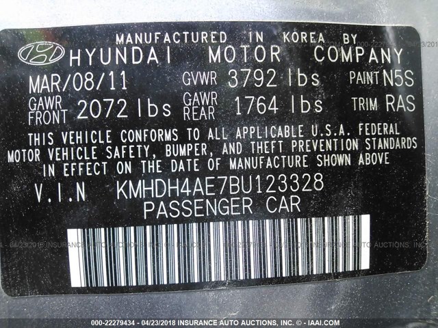 KMHDH4AE7BU123328 - 2011 HYUNDAI ELANTRA GLS/LIMITED GRAY photo 9