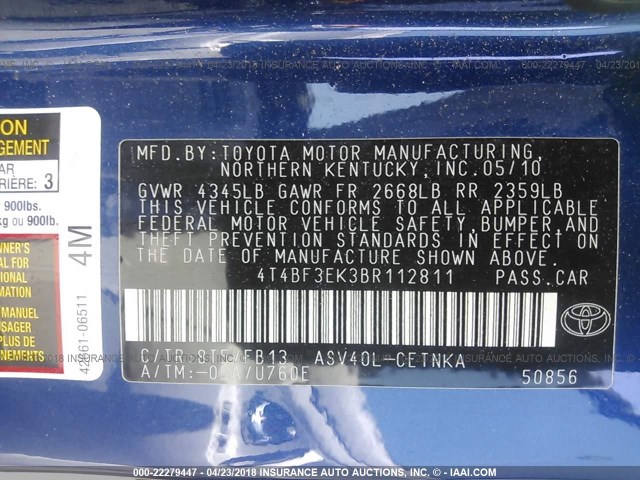 4T4BF3EK3BR112811 - 2011 TOYOTA CAMRY SE/LE/XLE BLUE photo 9