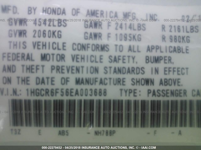 1HGCR6F56EA003688 - 2014 HONDA ACCORD HYBRID/EXL WHITE photo 9