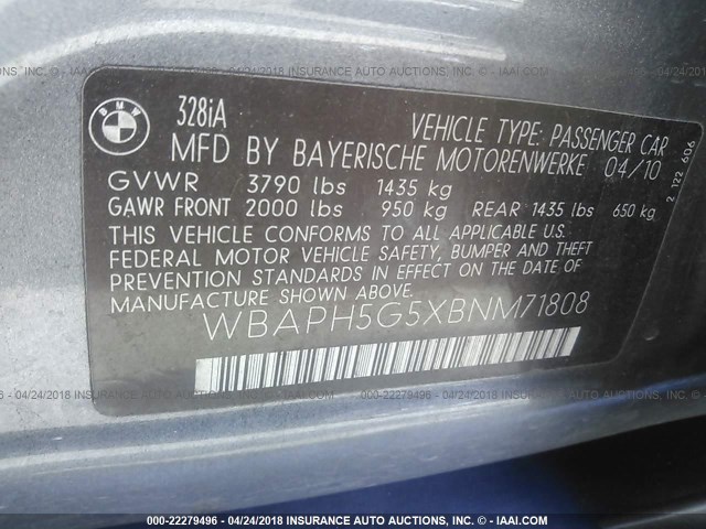 WBAPH5G5XBNM71808 - 2011 BMW 328 I SULEV GRAY photo 9