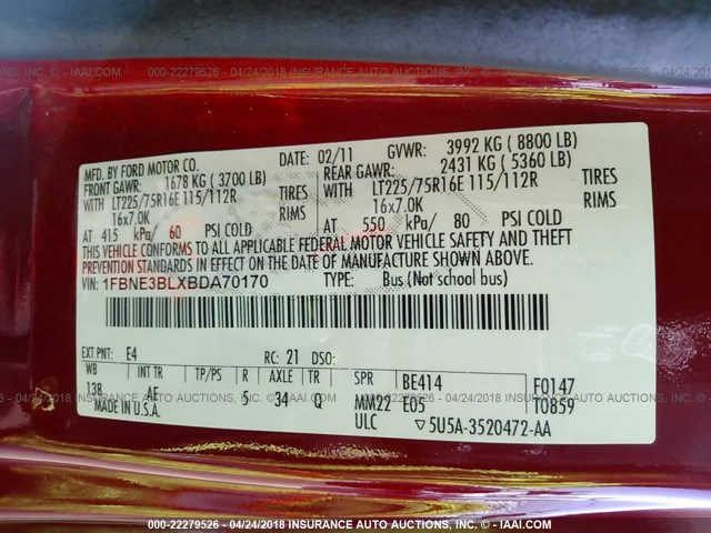 1FBNE3BLXBDA70170 - 2011 FORD ECONOLINE E350 SUPER DUTY WAGON RED photo 9