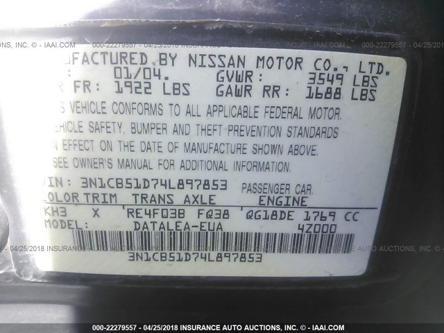 3N1CB51D74L897853 - 2004 NISSAN SENTRA 1.8/1.8S BLACK photo 9