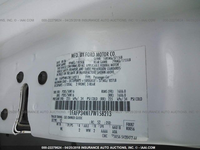 1FAFP34N17W158213 - 2007 FORD FOCUS ZX4/S/SE/SES WHITE photo 9