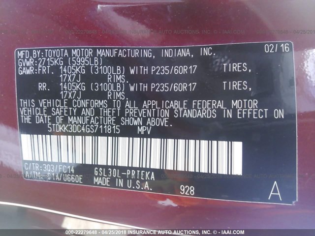 5TDKK3DC4GS711815 - 2016 TOYOTA SIENNA LE მუქწითელი ფოტო 9