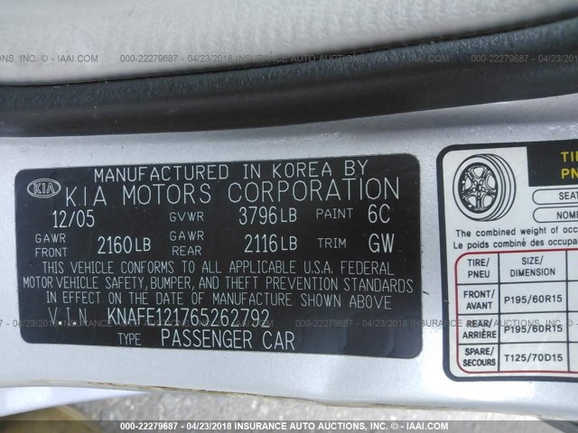 KNAFE121765262792 - 2006 KIA NEW SPECTRA LX/EX SILVER photo 9