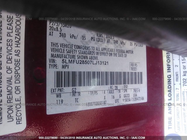 5LMFU28507LJ13121 - 2007 LINCOLN NAVIGATOR RED photo 9