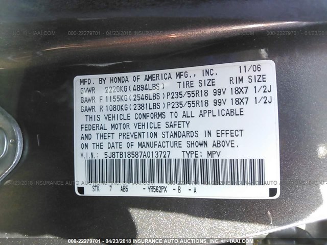 5J8TB18587A013727 - 2007 ACURA RDX TECHNOLOGY BROWN photo 9