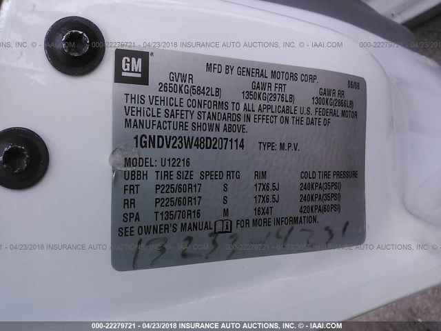 1GNDV23W48D207114 - 2008 CHEVROLET UPLANDER LS WHITE photo 9