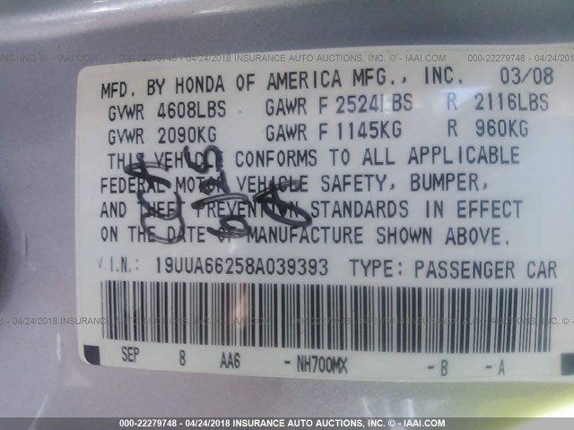 19UUA66258A039393 - 2008 ACURA TL SILVER photo 9