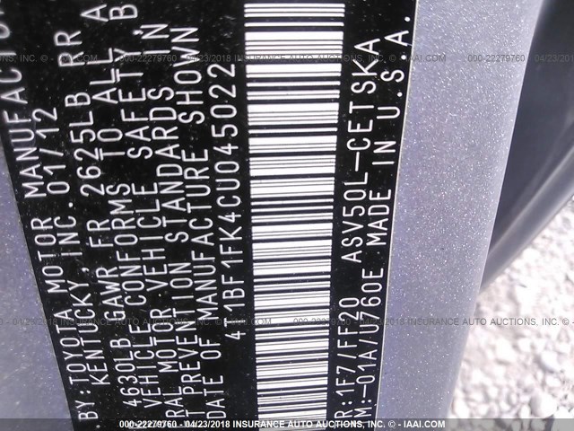 4T1BF1FK4CU045022 - 2012 TOYOTA CAMRY SE/LE/XLE SILVER photo 9