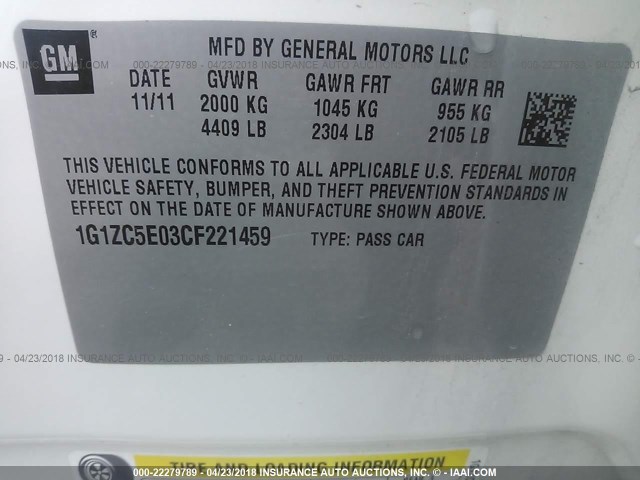 1G1ZC5E03CF221459 - 2012 CHEVROLET MALIBU 1LT 白色 照片 9