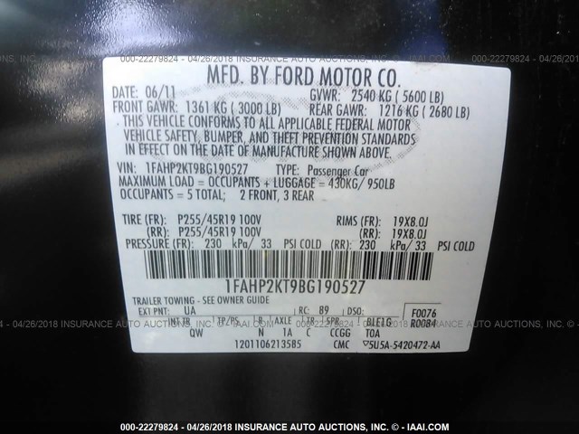 1FAHP2KT9BG190527 - 2011 FORD TAURUS SHO BLACK photo 9