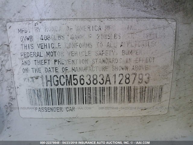 1HGCM56383A128793 - 2003 HONDA ACCORD LX WHITE photo 9