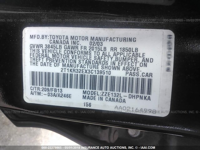 2T1KR32EX3C139510 - 2003 TOYOTA COROLLA MATRIX XR BLACK photo 9