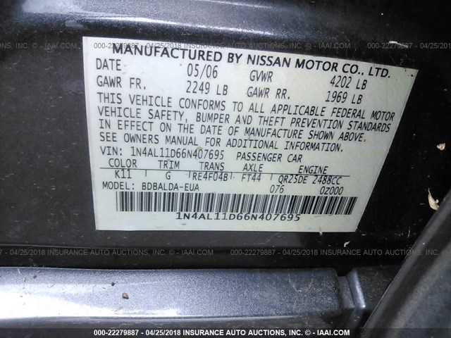 1N4AL11D66N407695 - 2006 NISSAN ALTIMA S/SL GRAY photo 9