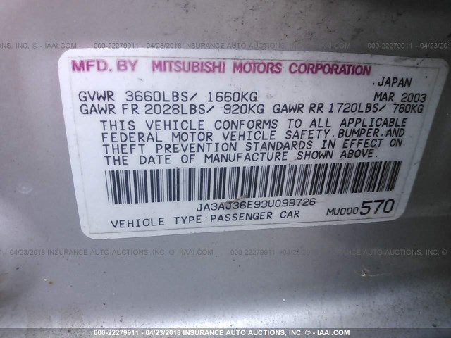 JA3AJ36E93U099726 - 2003 MITSUBISHI LANCER LS SILVER photo 9