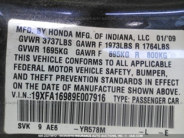 19XFA16989E007916 - 2009 HONDA CIVIC EXL GRAY photo 9