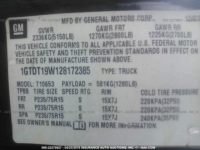 1GTDT19W128172385 - 2002 GMC SONOMA BLACK photo 9