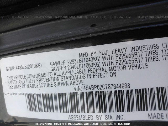 4S4BP62C787344938 - 2008 SUBARU OUTBACK 2.5I LIMITED GRAY photo 9