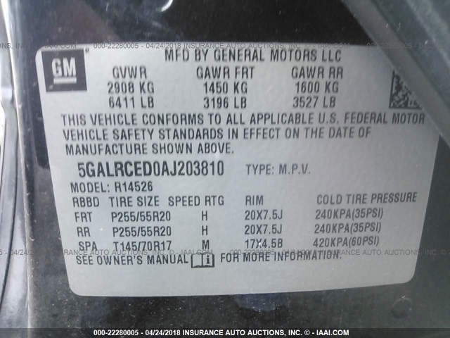 5GALRCED0AJ203810 - 2010 BUICK ENCLAVE CXL 黑色 照片 9