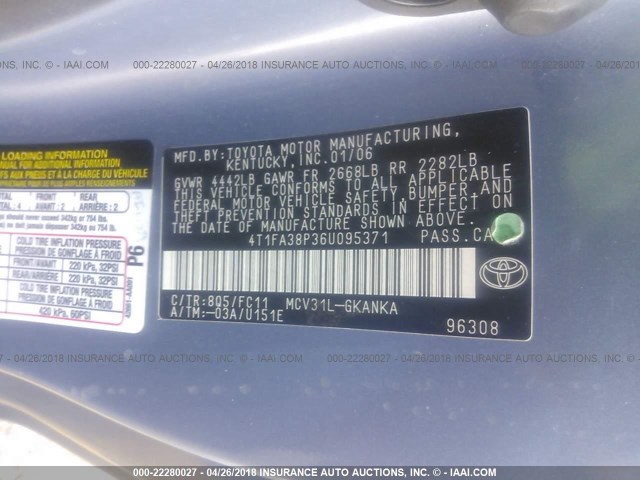 4T1FA38P36U095371 - 2006 TOYOTA CAMRY SOLARA SE/SLE ღია ლურჯი ფოტო 9