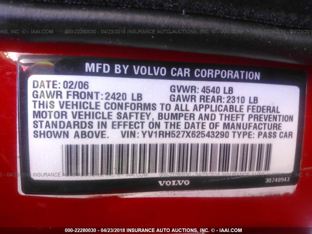 YV1RH527X62543290 - 2006 VOLVO S60 R RED photo 9