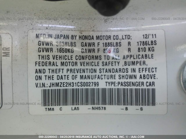 JHMZE2H31CS002799 - 2012 HONDA INSIGHT WHITE photo 9