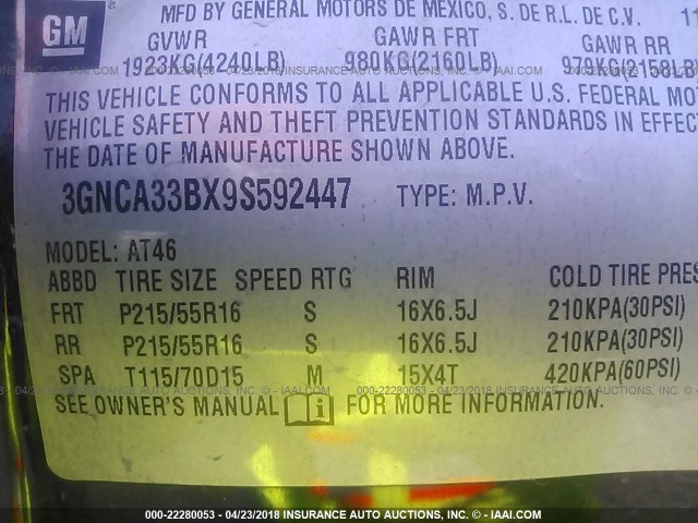 3GNCA33BX9S592447 - 2009 CHEVROLET HHR LS შავი ფოტო 9