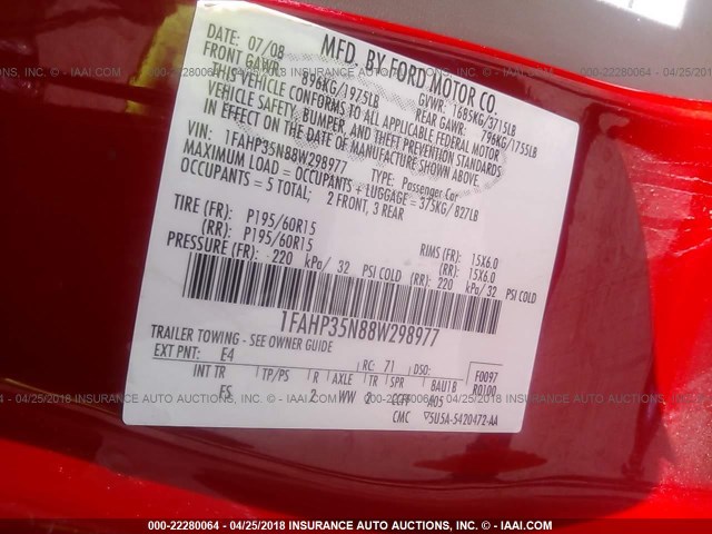 1FAHP35N88W298977 - 2008 FORD FOCUS SE/SEL/SES RED photo 9