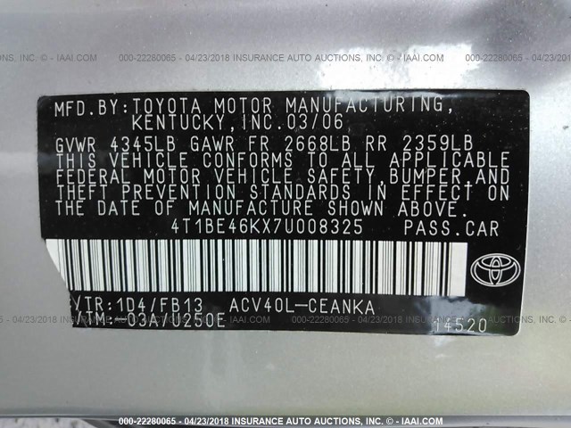 4T1BE46KX7U008325 - 2007 TOYOTA CAMRY NEW GENERAT CE/LE/XLE/SE SILVER photo 9