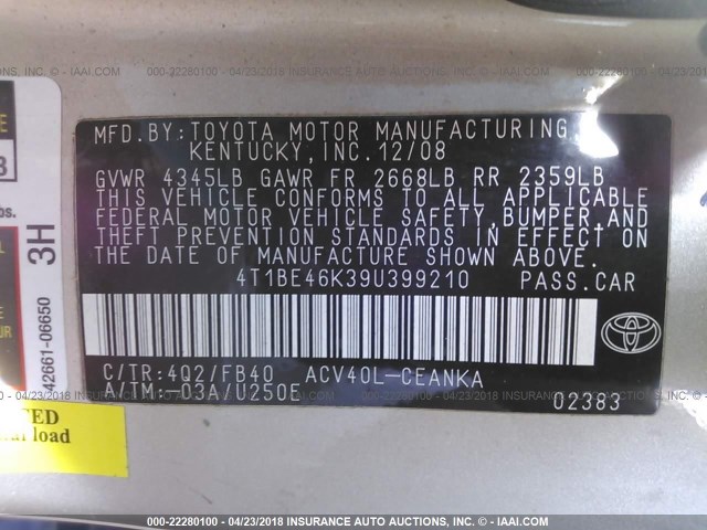 4T1BE46K39U399210 - 2009 TOYOTA CAMRY SE/LE/XLE GOLD photo 9