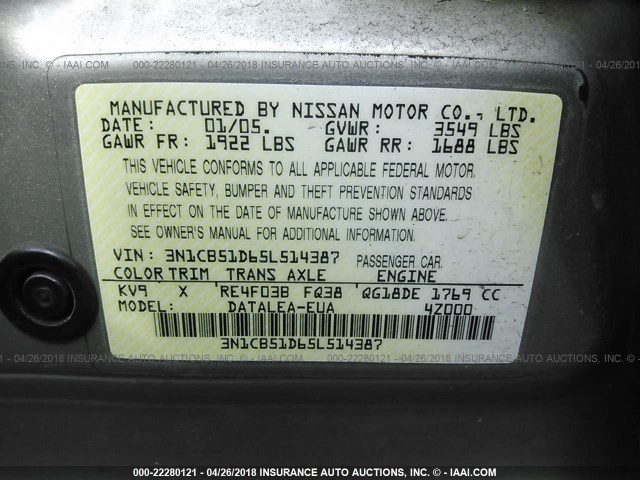 3N1CB51D65L514387 - 2005 NISSAN SENTRA 1.8/1.8S GRAY photo 9