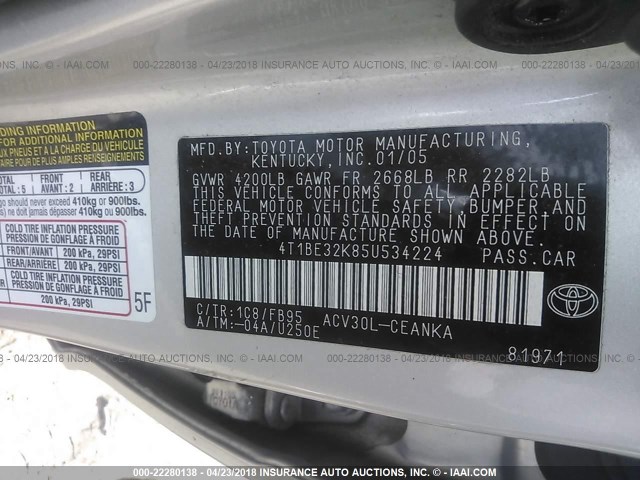 4T1BE32K85U534224 - 2005 TOYOTA CAMRY LE/XLE/SE SILVER photo 9