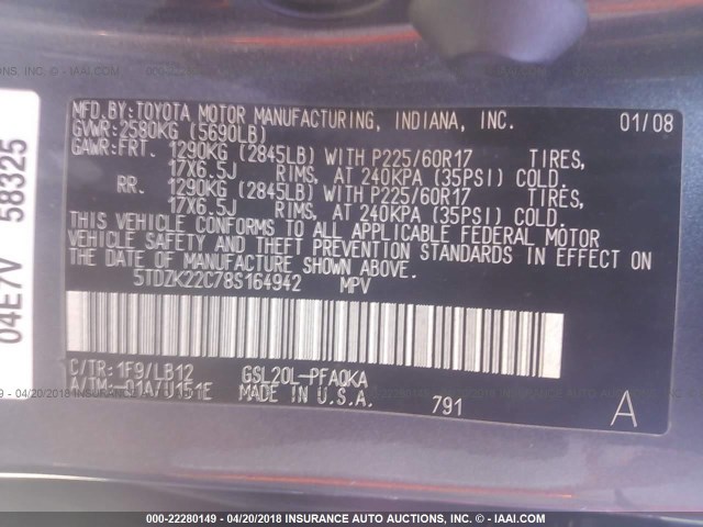 5TDZK22C78S164942 - 2008 TOYOTA SIENNA XLE/XLE LIMITED GRAY photo 9