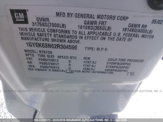 1GYEK63N62R304596 - 2002 CADILLAC ESCALADE LUXURY 白色 照片 9