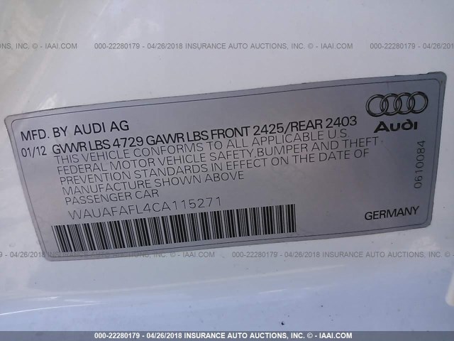 WAUAFAFL4CA115271 - 2012 AUDI A4 PREMIUM WHITE photo 9