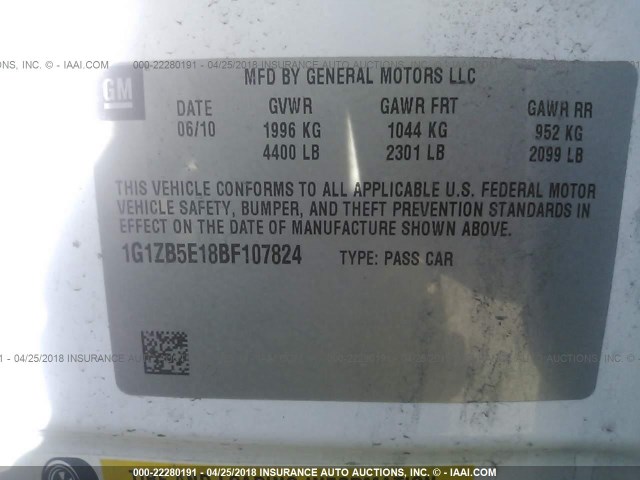 1G1ZB5E18BF107824 - 2011 CHEVROLET MALIBU LS 白色 照片 9