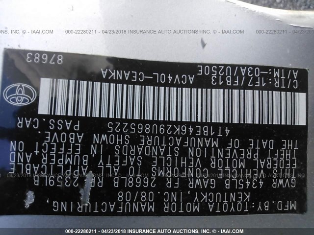 4T1BE46K29U865225 - 2009 TOYOTA CAMRY SE/LE/XLE SILVER photo 9