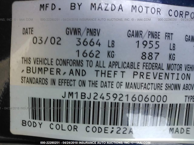 JM1BJ245921606000 - 2002 MAZDA PROTEGE PR5 蓝色 照片 9