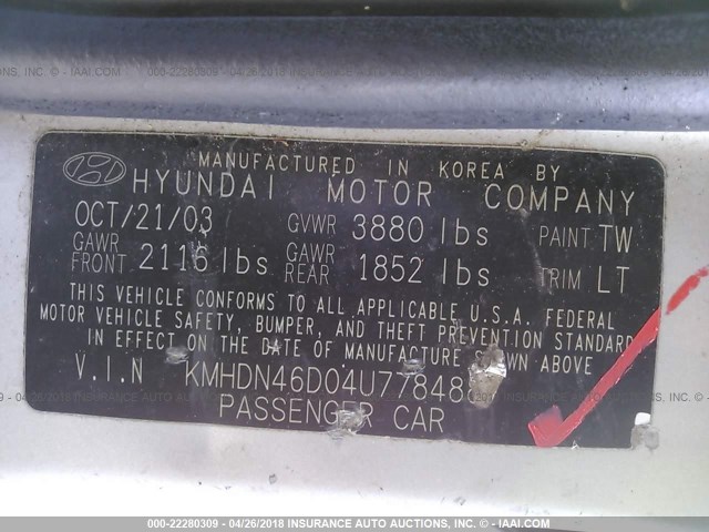 KMHDN46D04U778488 - 2004 HYUNDAI ELANTRA GLS/GT SILVER photo 9