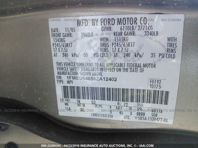 1FMEU64856ZA12402 - 2006 FORD EXPLORER EDDIE BAUER GOLD photo 9