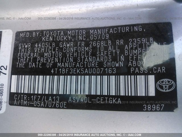 4T1BF3EK5AU007163 - 2010 TOYOTA CAMRY SE/LE/XLE 银色 照片 9