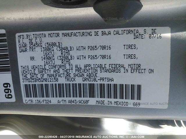 3TMDZ5BN5GM012150 - 2016 TOYOTA TACOMA DBL CAB/SR5/TRD SPORT/OR SILVER photo 9