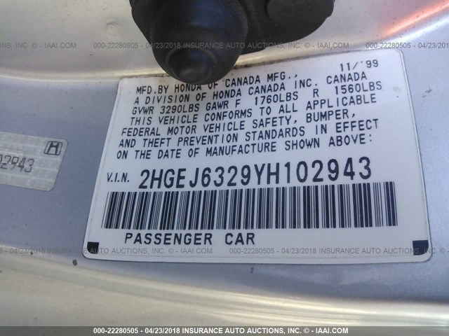 2HGEJ6329YH102943 - 2000 HONDA CIVIC CX SILVER photo 9